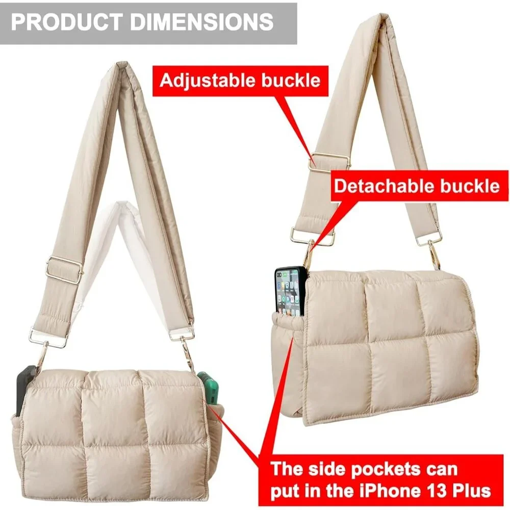 Women's Beige Quilted Puffer Purse Fashion Lightweight Travel Cross Body Handbag - Picture 5 of 6